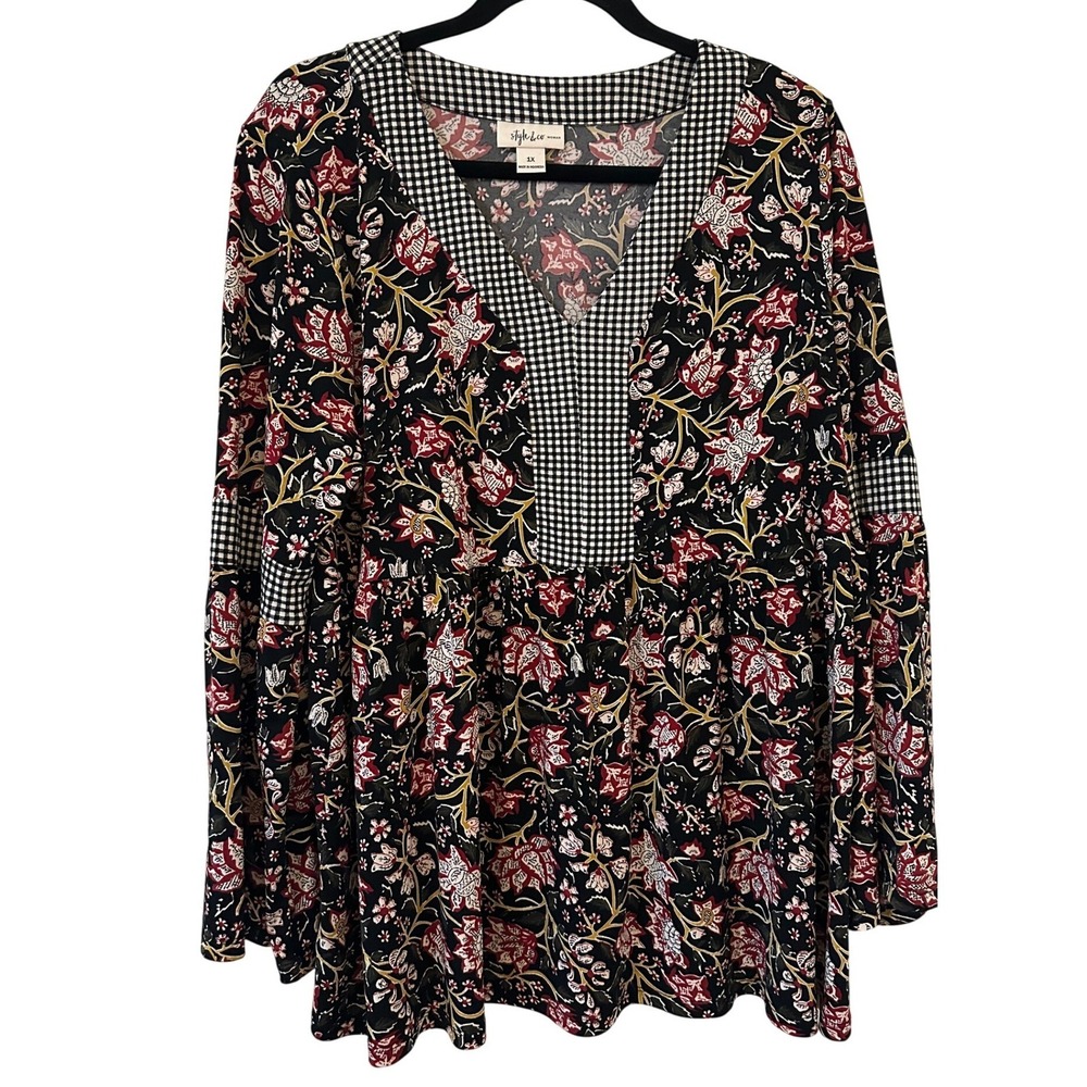 Style & Co Woman Floral Gingham Mixed Print Bell Sleeve Tunic Top 1X Cottagecore